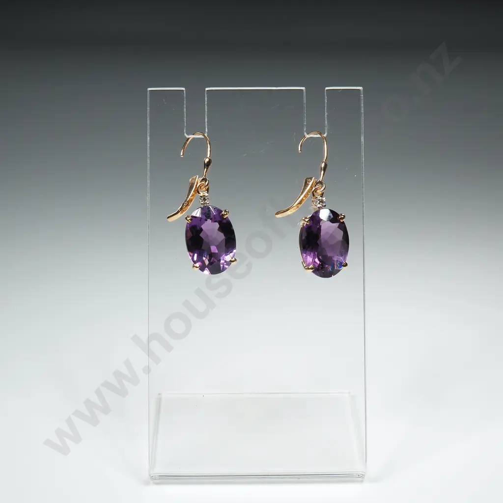 14ct Gold Diamond & Amethyst Earrings Image 1++