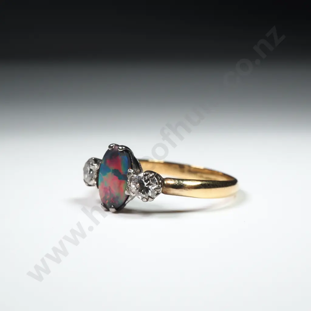 18ct Black Opal & Two Diamond Ring Image 1++