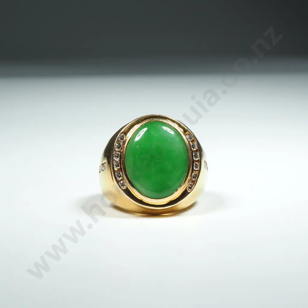 Substantial 15ct Gold & Apple Green Jade Diamond Ring w Valuation for $12,250.00 Image 1++