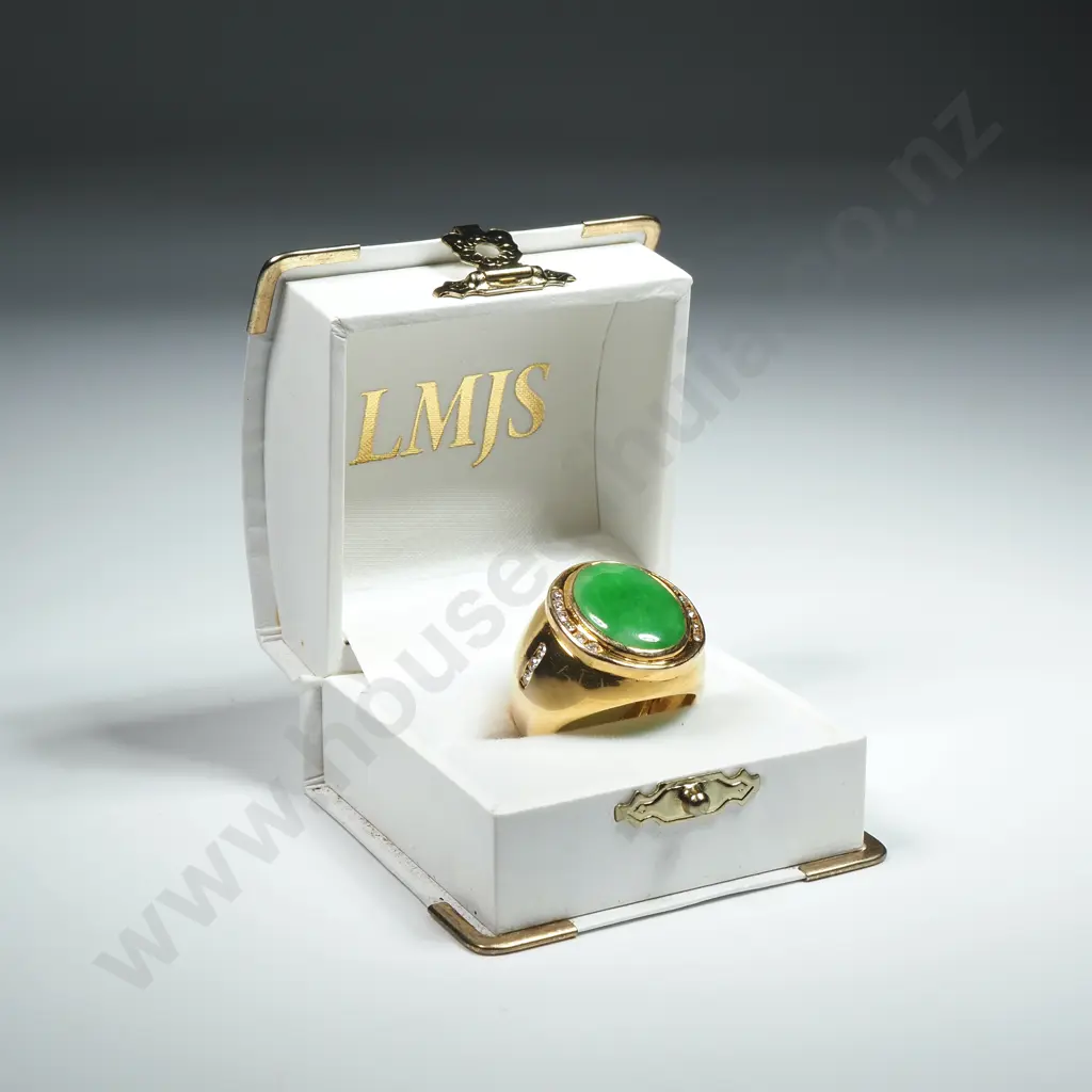 Substantial 15ct Gold & Apple Green Jade Diamond Ring w Valuation for $12,250.00 Image 1++