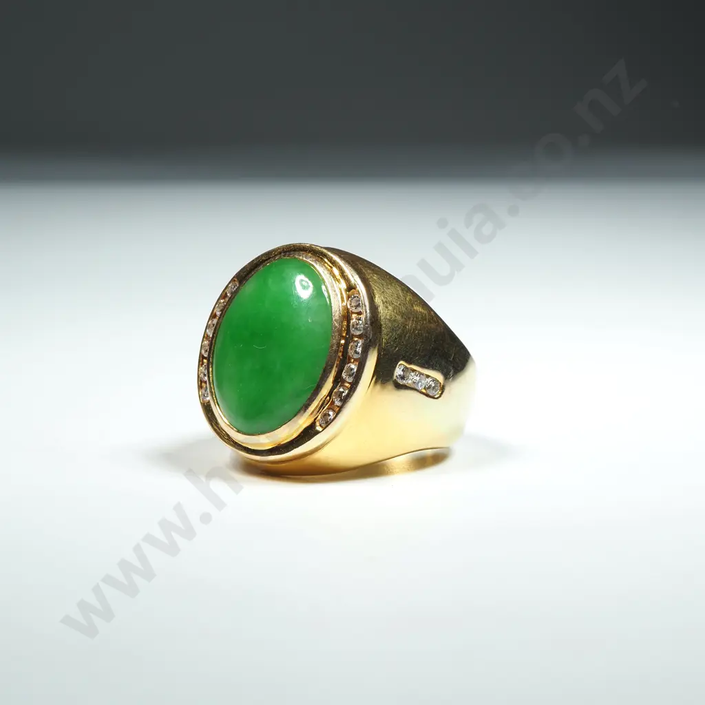 Substantial 15ct Gold & Apple Green Jade Diamond Ring w Valuation for $12,250.00 Image 1++