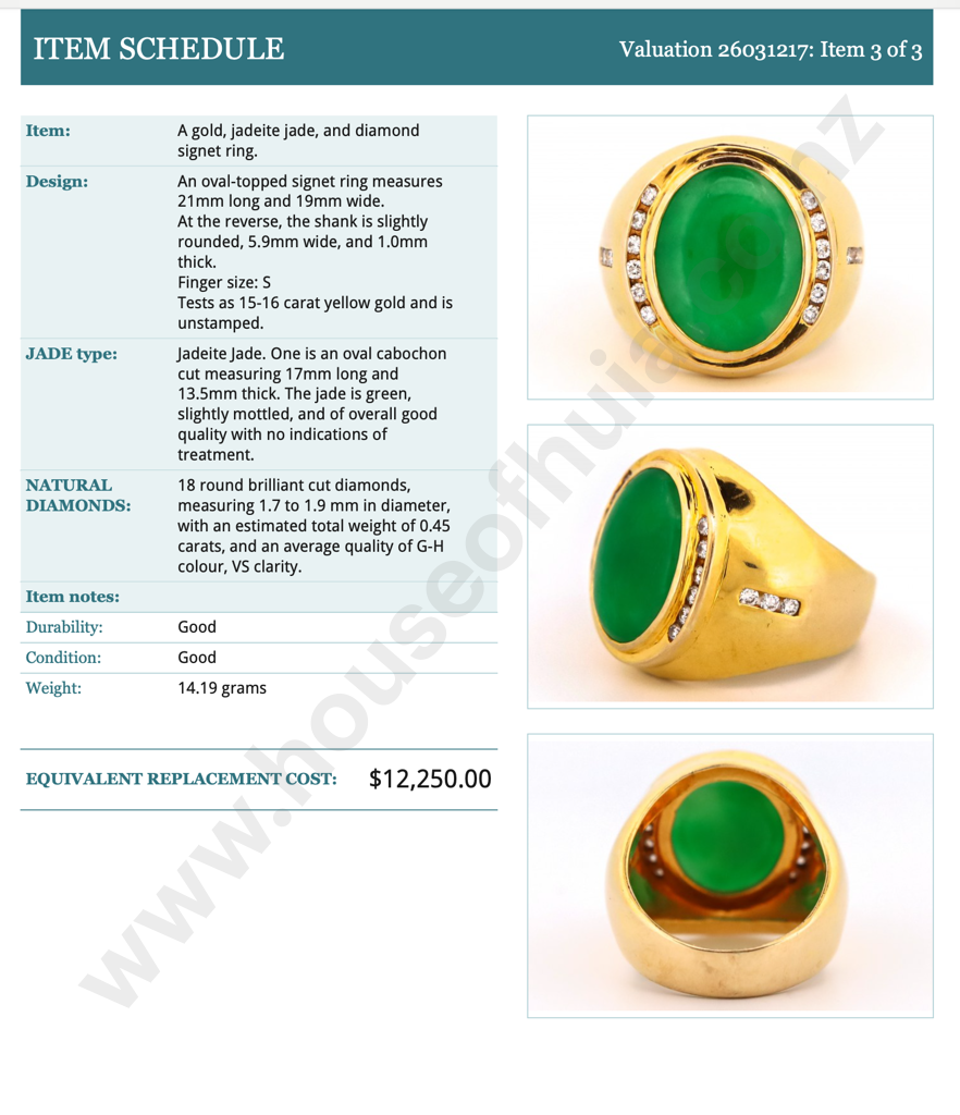 Substantial 15ct Gold & Apple Green Jade Diamond Ring w Valuation for $12,250.00 Image 1++