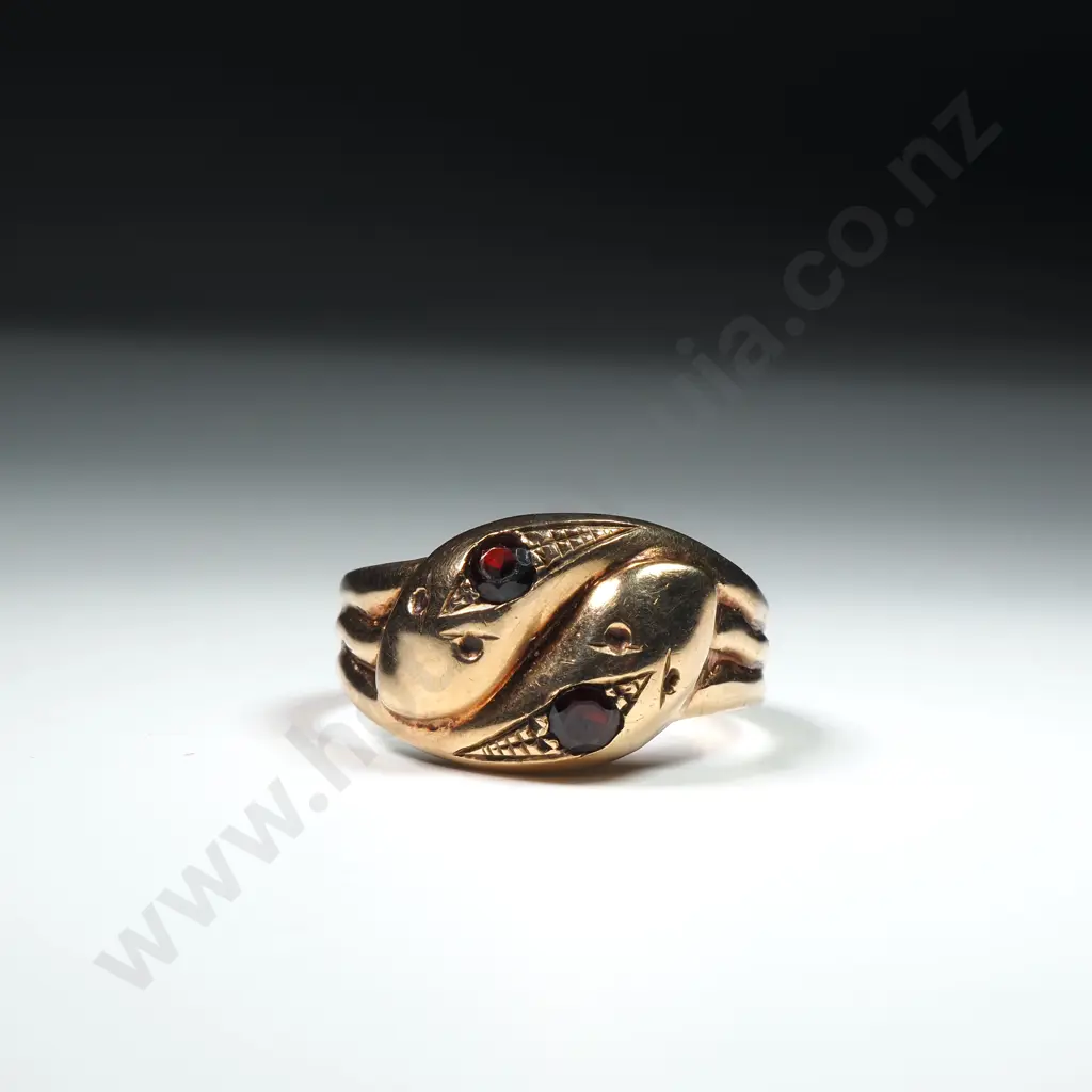 Vintage 9ct Gold Double Snake & Garnet Ring w English Hallmarks Image 1++