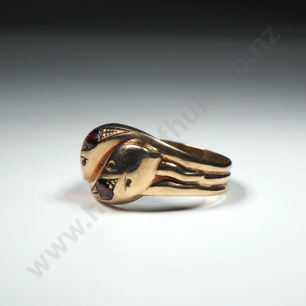 Vintage 9ct Gold Double Snake & Garnet Ring w English Hallmarks Image 1++