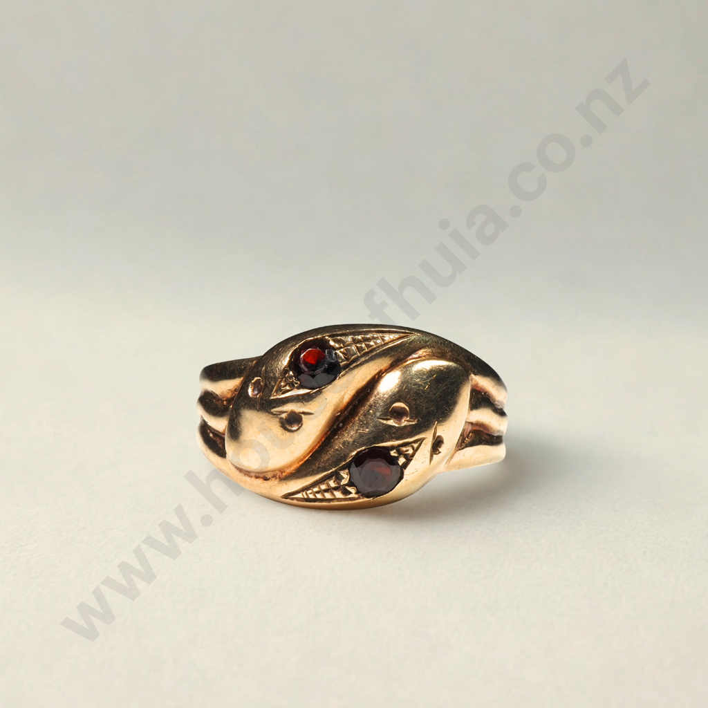 Vintage 9ct Gold Double Snake & Garnet Ring w English Hallmarks Image 1++