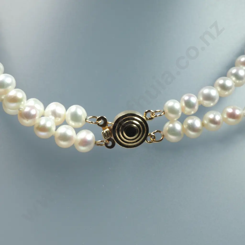 Two Strand Pearl Necklace w 14ct Gold Clasp Image 1++