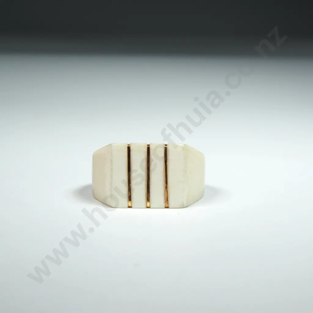 Vintage Carved Ivory & 14kt Gold Inlay Ring Image 1++
