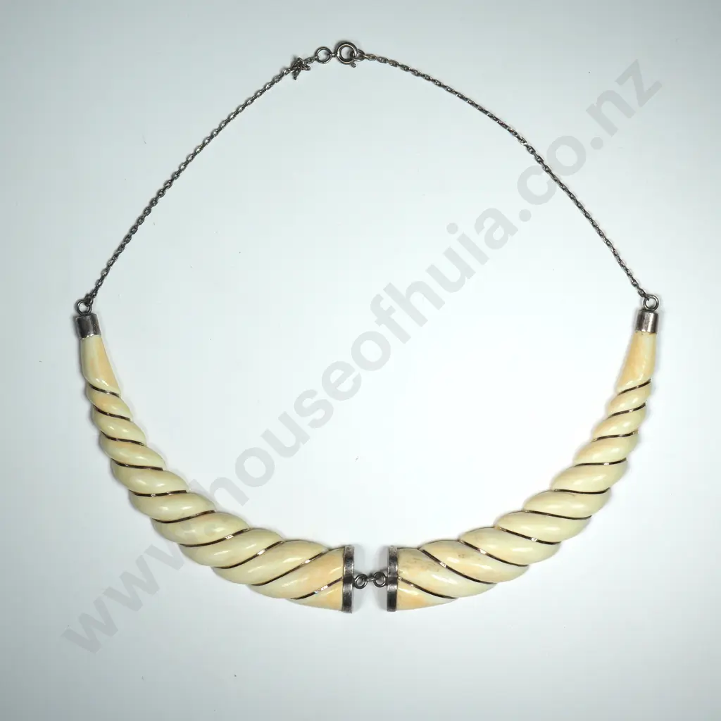 Vintage Carved Ivory & Silver Twist Necklace Image 1++