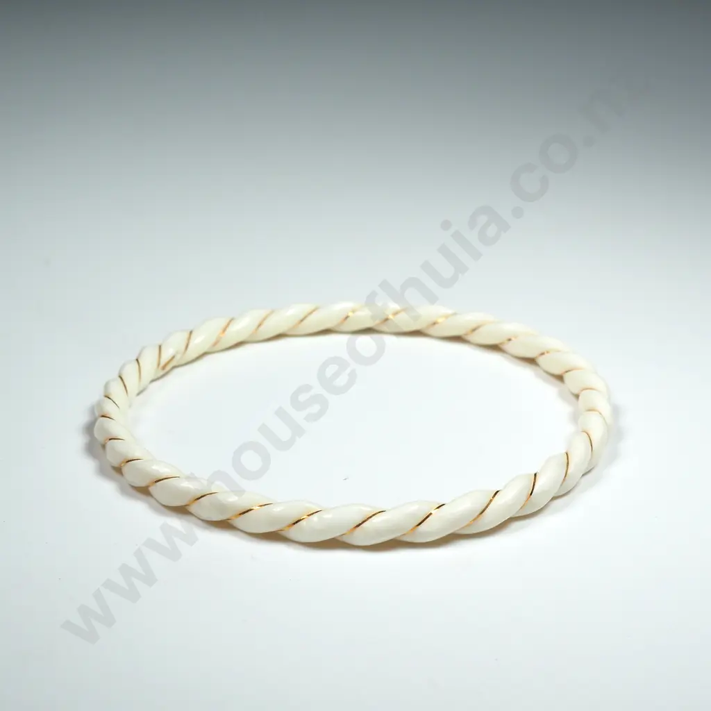 Vintage Chinese Carved Ivory & 14K Inlay Bangle Image 1++
