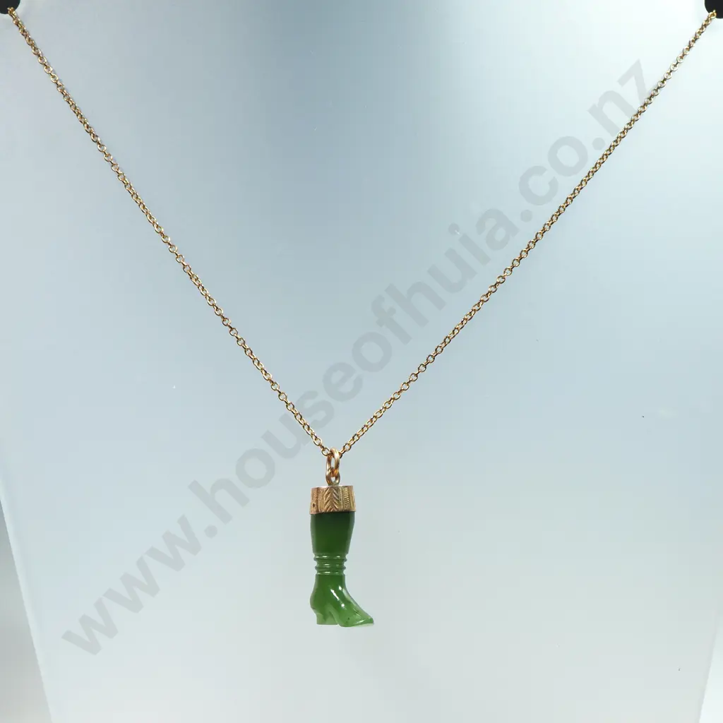 Antique New Zealand Greenstone 9ct Gold Capped Boot Pendant w G/P Chain Image 1++
