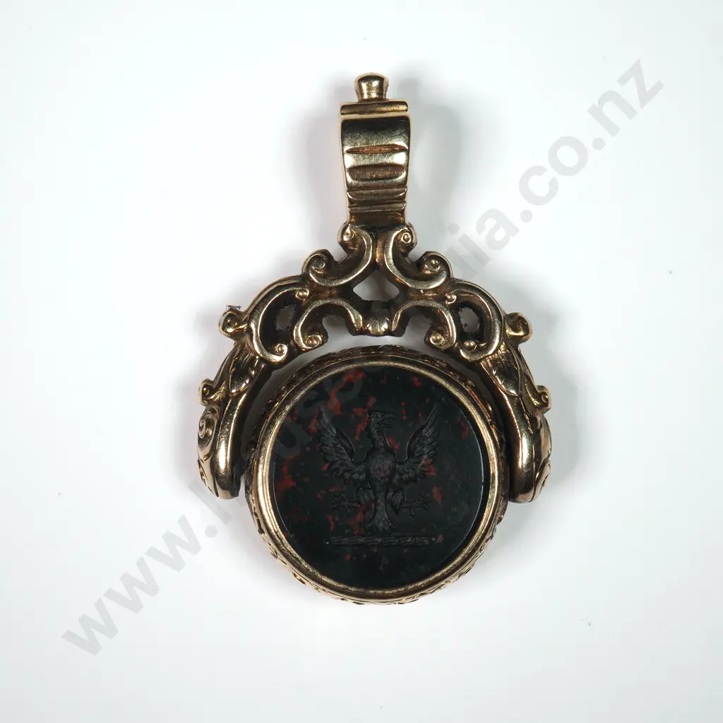 9ct Gold Memorial Fob Spinner w Carved Bloodstone and Memorial Reverse Locket Image 1++