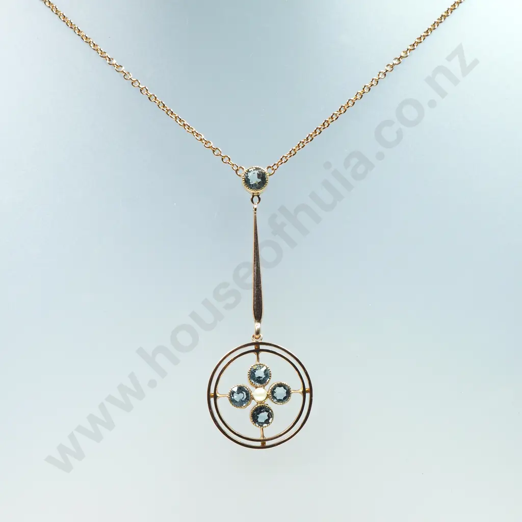 Edwardian 9ct Gold & Blue Gem Pendant / Necklace Image 1++