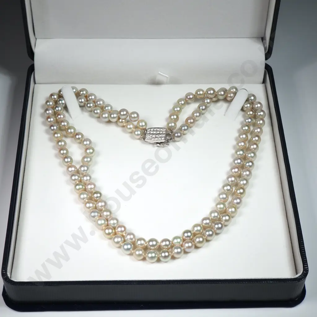 Stunning Double Strand of Akoya Pearl Necklace w 14ct Gold & Diamond Clasp w Valuation for $5,500.00 Image 1++