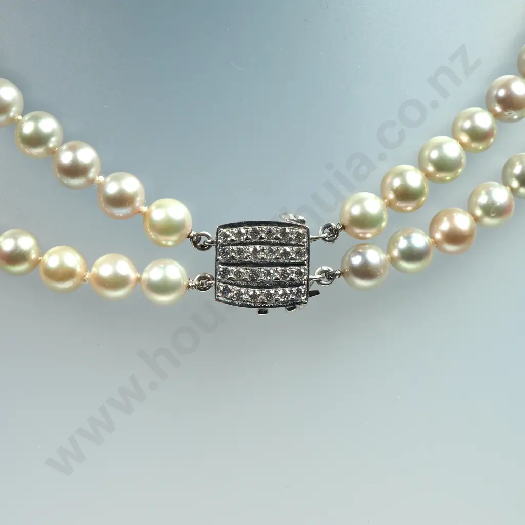 Stunning Double Strand of Akoya Pearl Necklace w 14ct Gold & Diamond Clasp w Valuation for $5,500.00 Image 1++