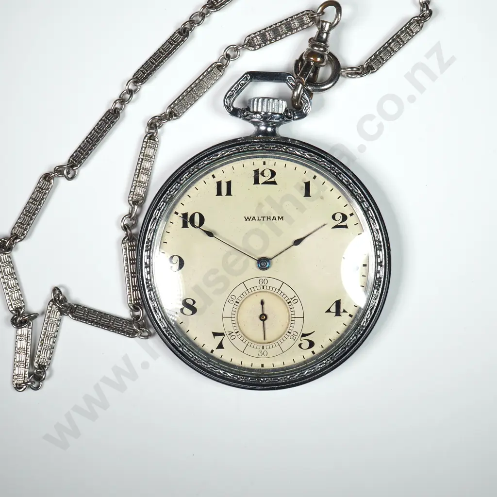 Art Deco Waltham Open Face Pocket Watch & Fancy Chain Image 1++
