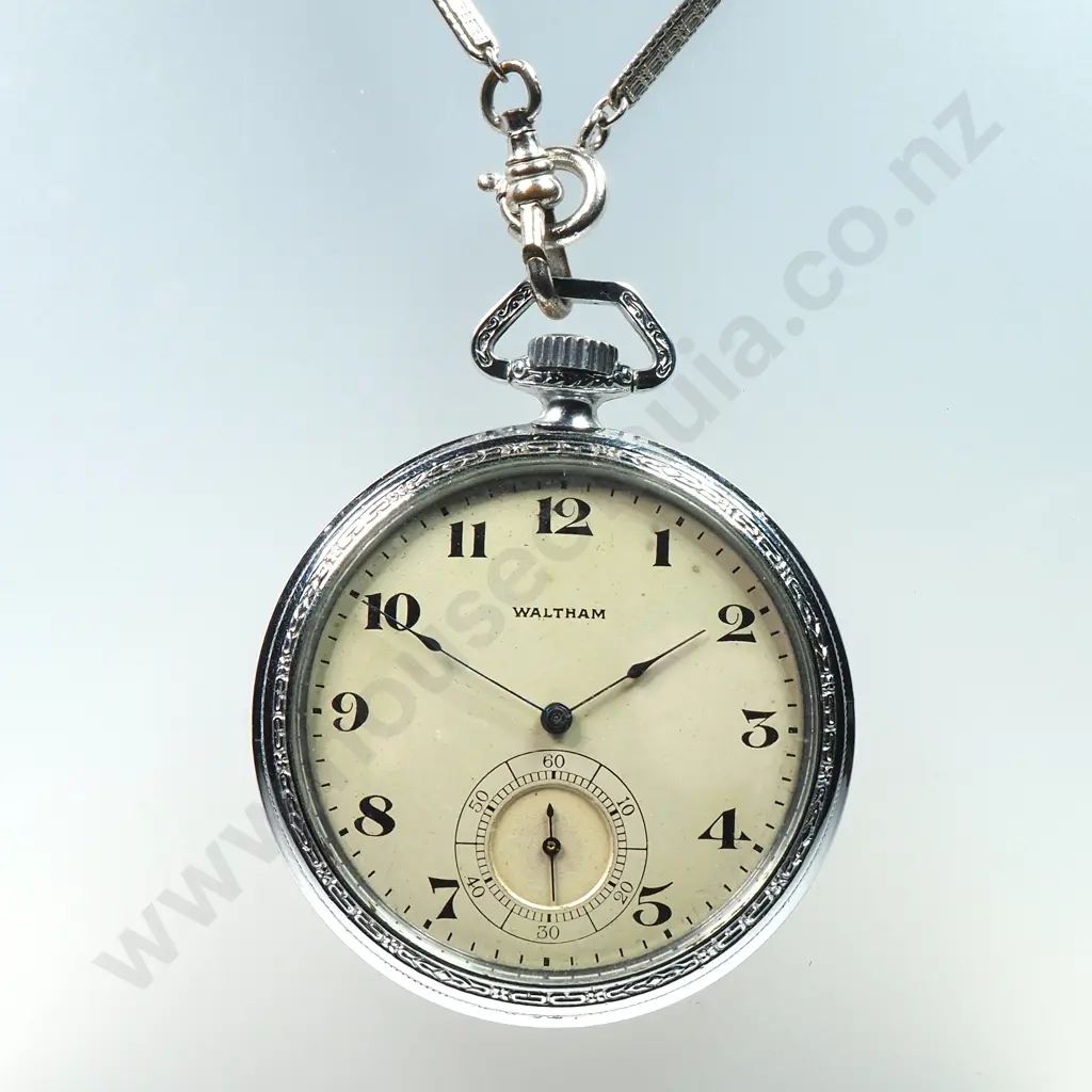 Art Deco Waltham Open Face Pocket Watch & Fancy Chain Image 1++