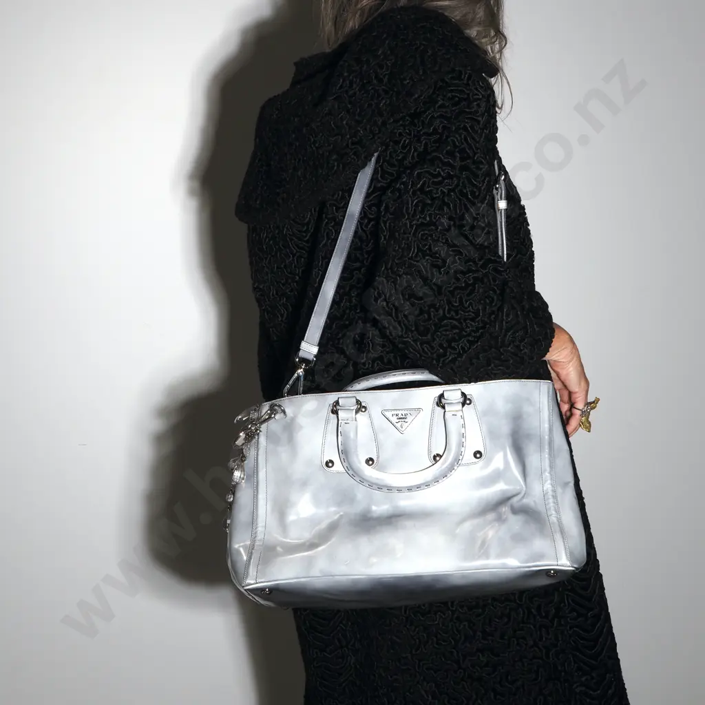 PRADA Grigio Spazzolato Leather Crystal Encrusted Tote Bag in Grey Image 1++