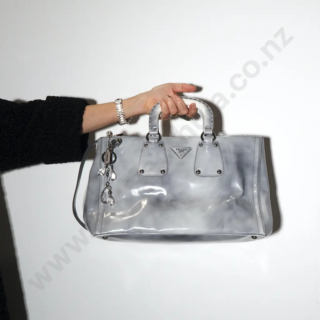 PRADA Grigio Spazzolato Leather Crystal Encrusted Tote Bag in Grey Image 1++
