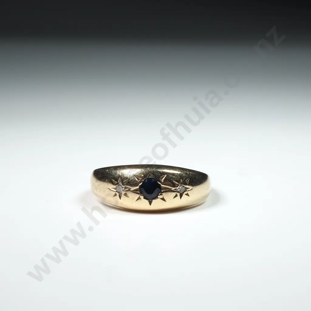 9ct Gold Gypsy Set Ring w Central Blue Sapphire Flanked by Diamonds Image 1++