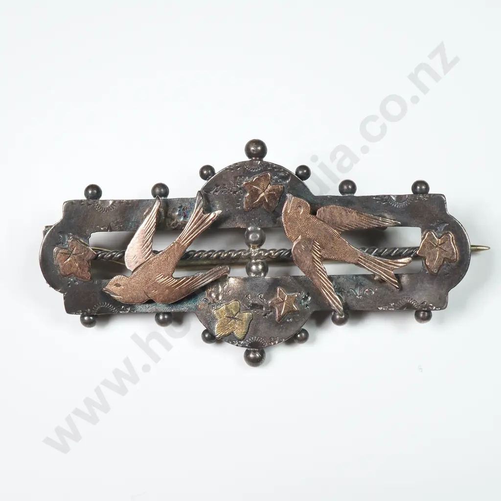 Antique Sterling Silver & Gold Swallow Brooch Image 1++
