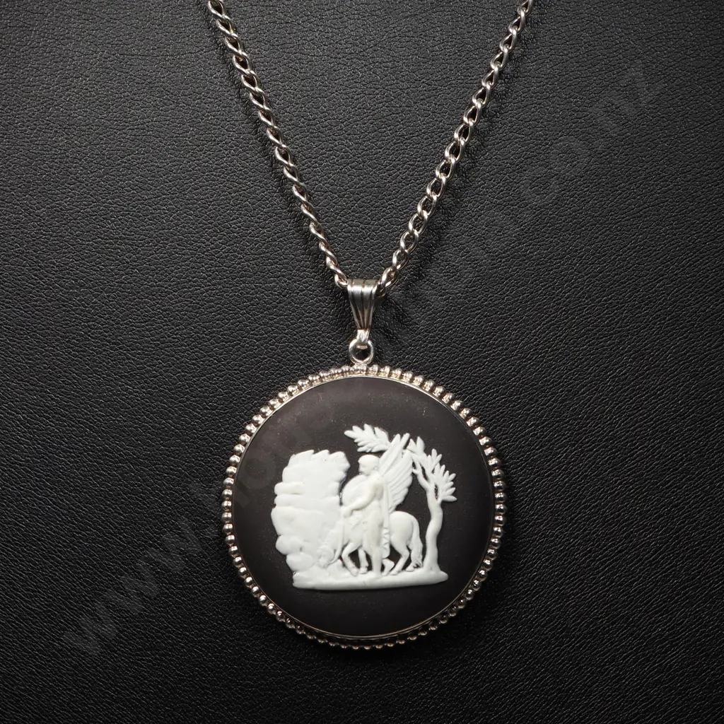Black Wedgwood Pendant in a Sterling Silver Mount on Sterling Curb Link Chain Image 1++
