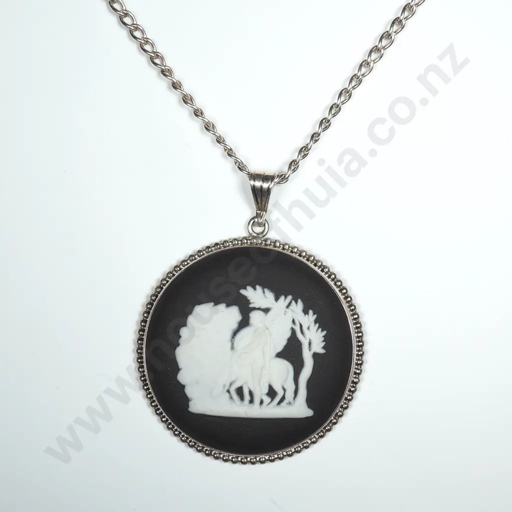 Black Wedgwood Pendant in a Sterling Silver Mount on Sterling Curb Link Chain Image 1++