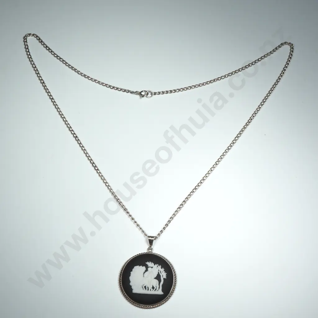 Black Wedgwood Pendant in a Sterling Silver Mount on Sterling Curb Link Chain Image 1++