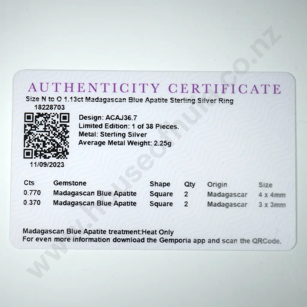 Sterling Silver & Blue Apaptie Ring w Certificate Image 1++
