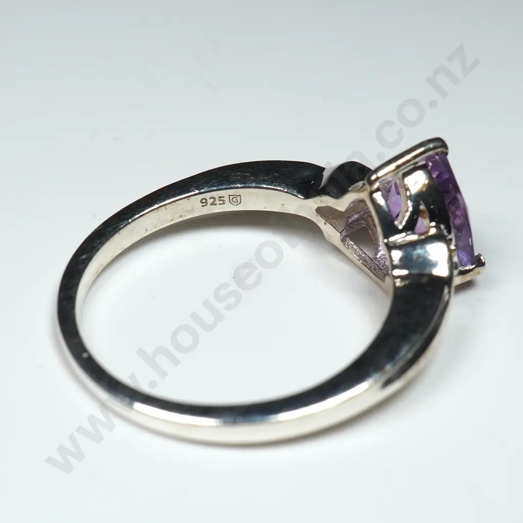 Sterling Silver, Amethyst & Diamond Ring w Certificate Image 1++