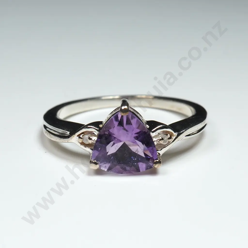 Sterling Silver, Amethyst & Diamond Ring w Certificate Image 1++