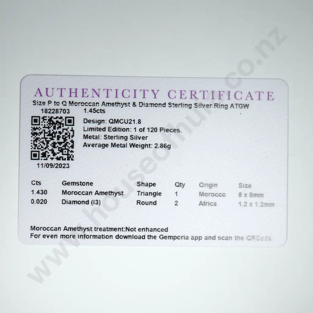 Sterling Silver, Amethyst & Diamond Ring w Certificate Image 1++