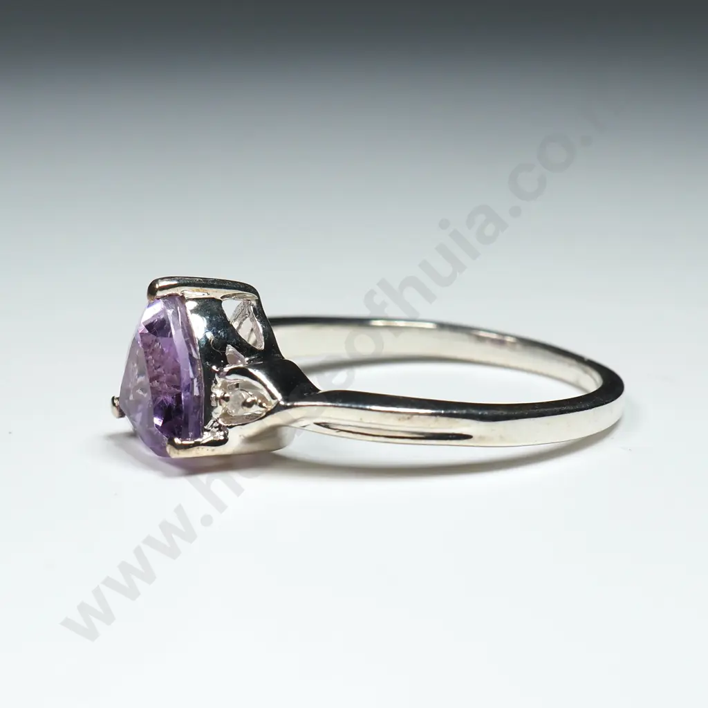 Sterling Silver, Amethyst & Diamond Ring w Certificate Image 1++