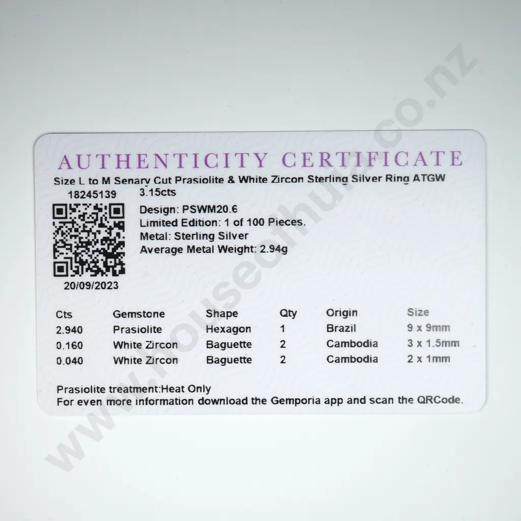 Sterling Silver & Prasiolite Ring w Certificate Image 1++