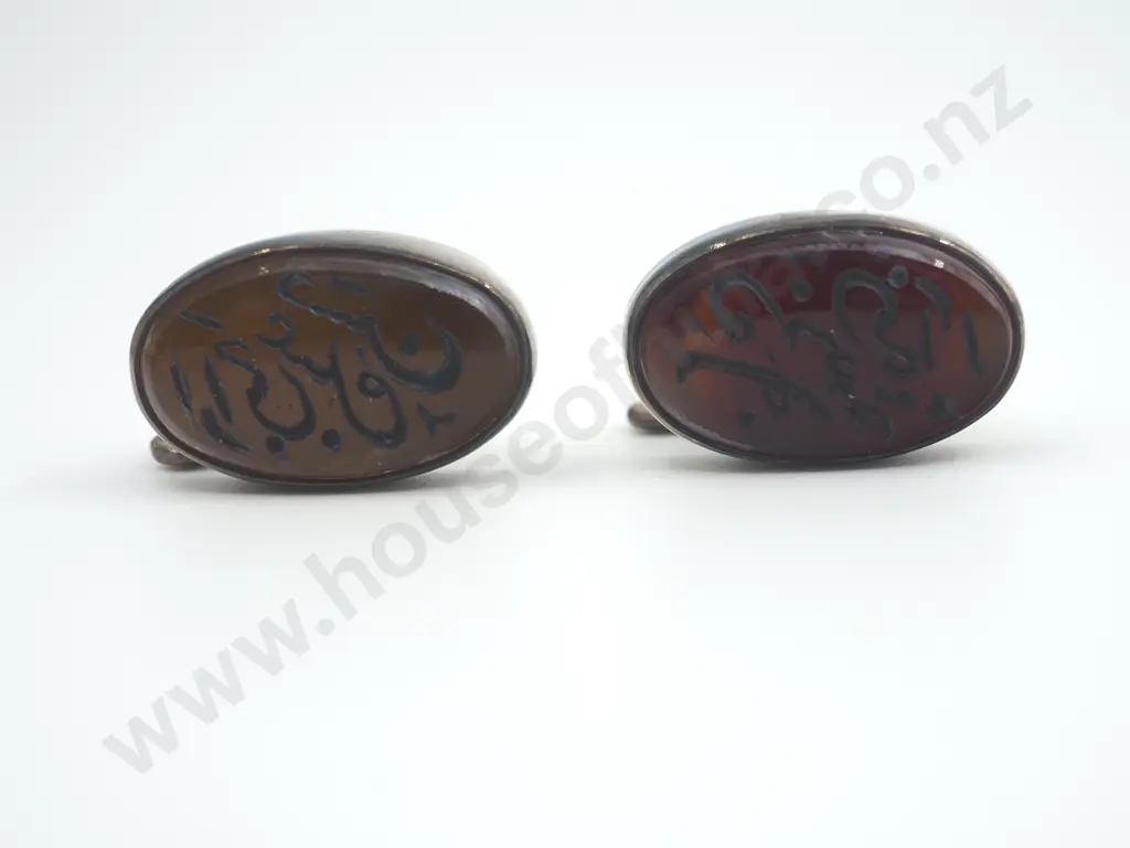 Silver Cufflinks w Indian Style Engraved Gem Stones Image 1++
