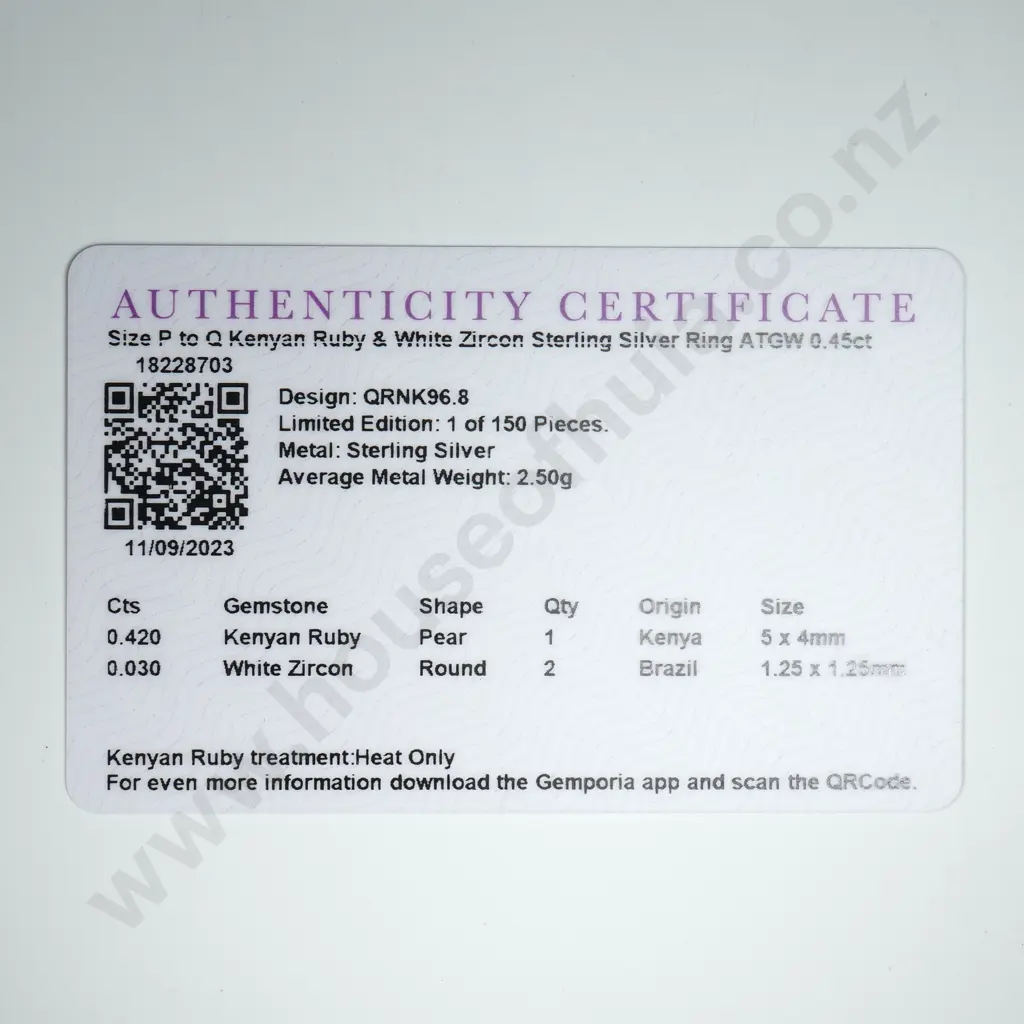 Sterling Silver & Ruby Ring w Certificate Image 1++