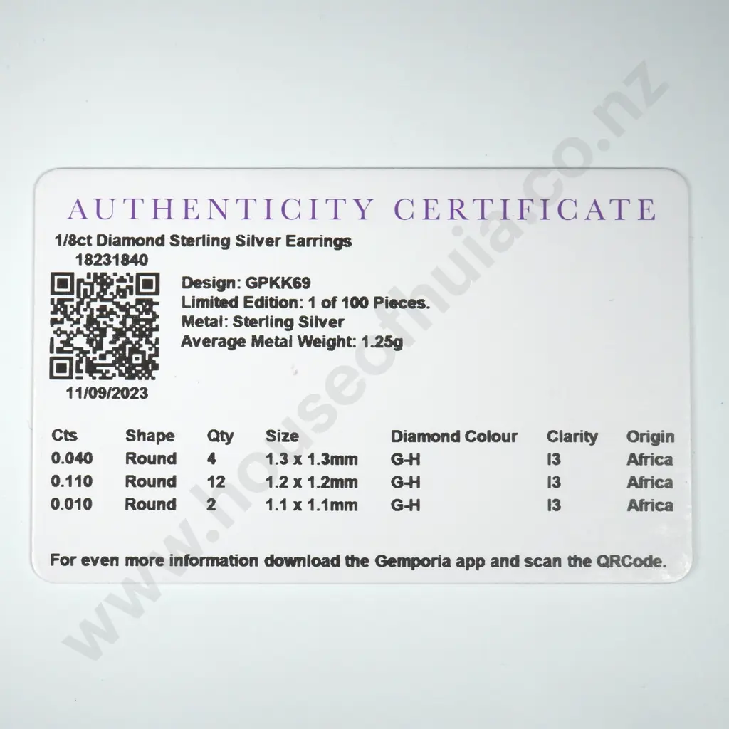 Sterling Silver & Diamond Earrings w Certificate Image 1++