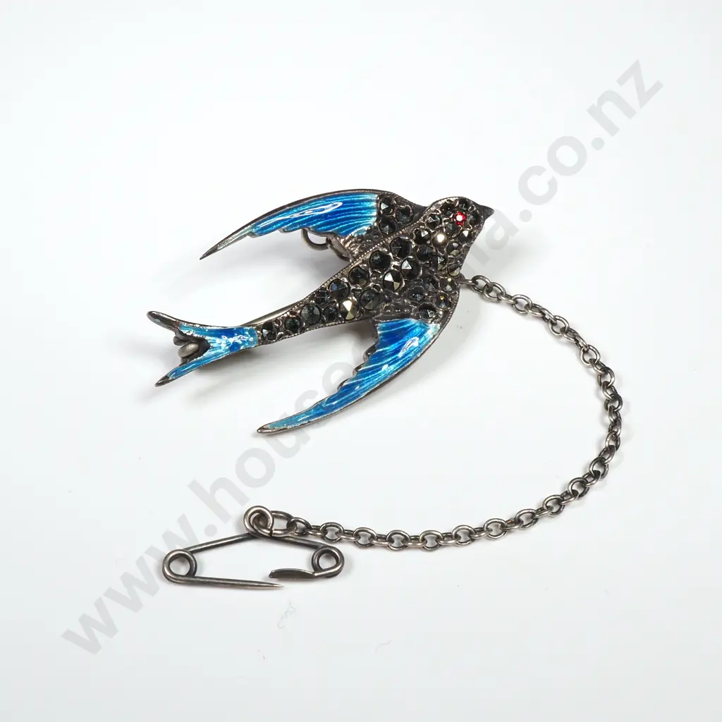 Sterling Silver Enamel & Marcasite Bird Brooch Image 1++