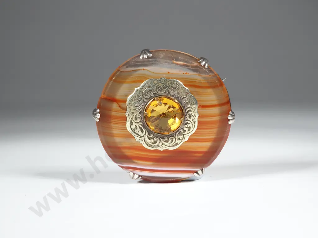Antique Sterling Silver Scottish Banded Agate Brooch Set w Faceted Citrine A/F Image 1++