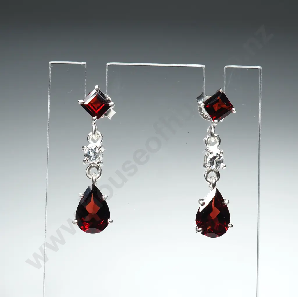 Sterling Silver, Garnet & White Topaz Earrings Image 1++