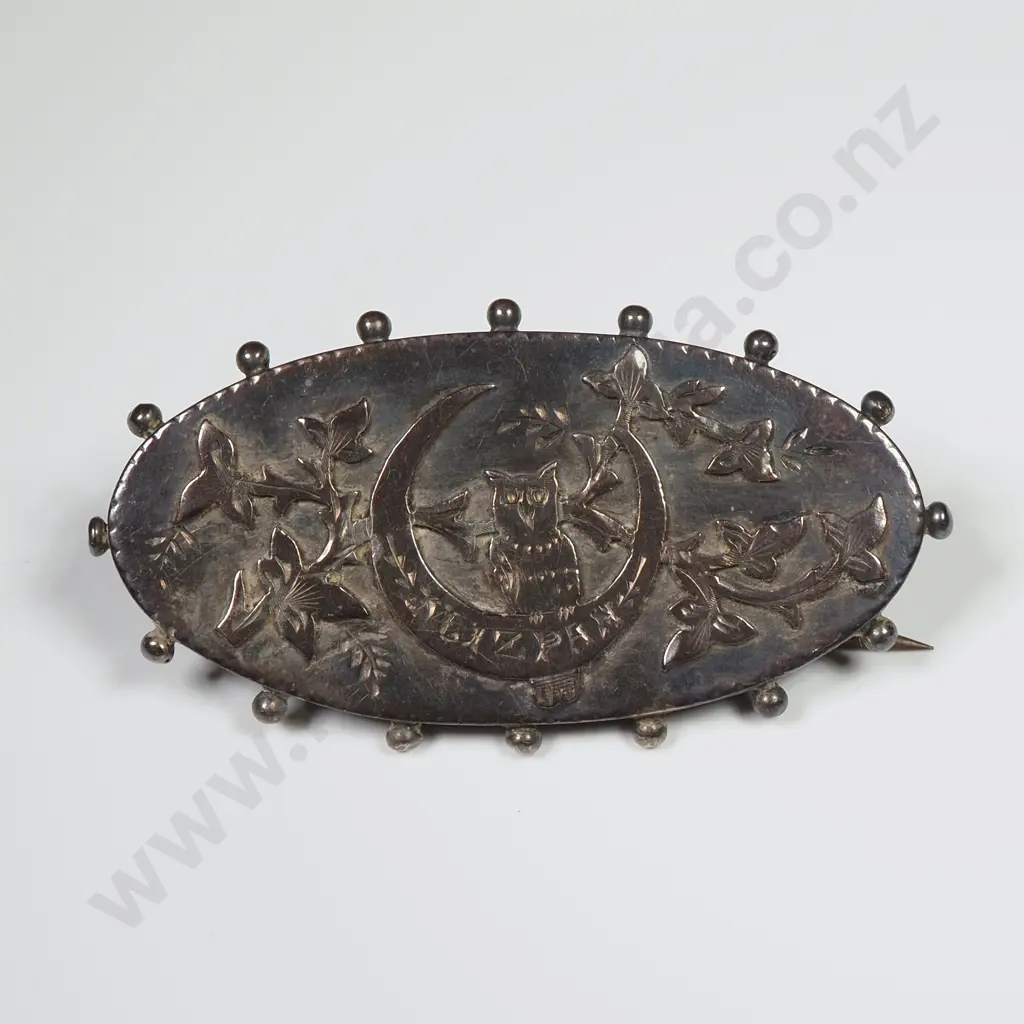 Edwardian Sterling Silver Brooch Depicting An Owl In A Crescent Moon. Unmarked Image 1++