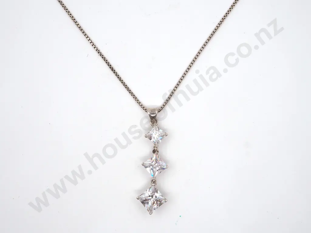 Sterling Silver Three Stone Pendant w/ Chain Image 1++