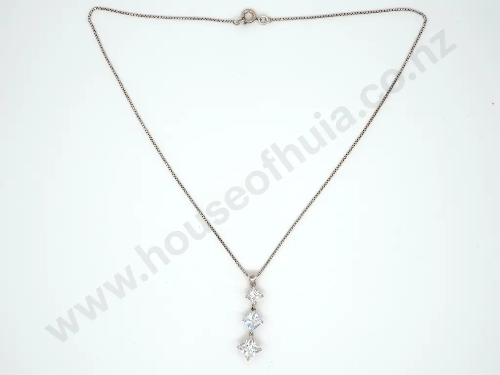 Sterling Silver Three Stone Pendant w/ Chain Image 1++