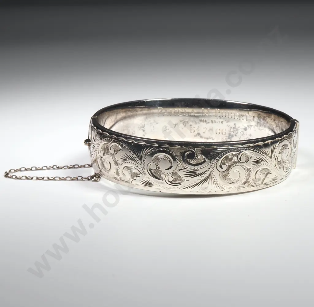 Sterling Silver Hinged Bracelet with Engraved Scroll Front Image 1++