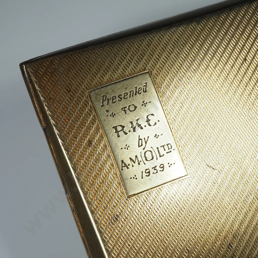 Art Deco Gilt Cigarette Case w Engine Turned Engraving & Inscription Image 1++