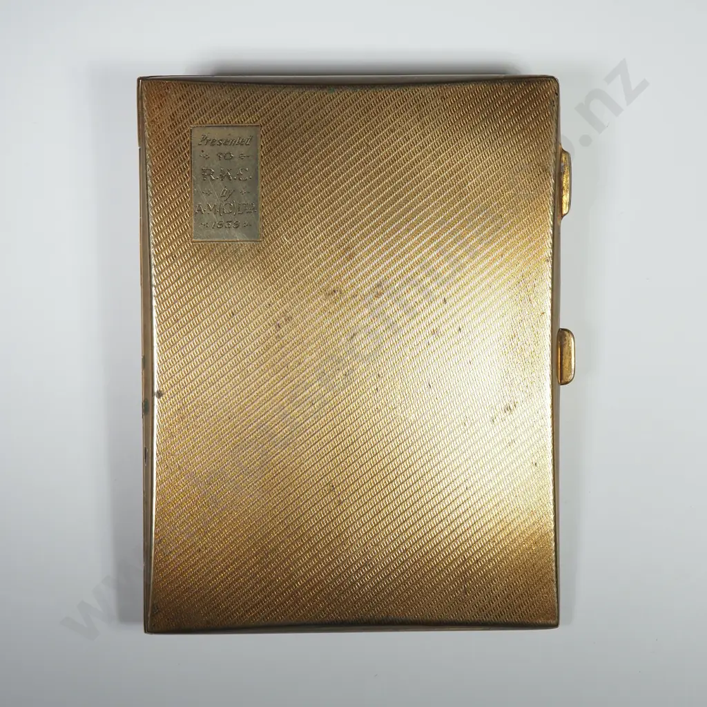 Art Deco Gilt Cigarette Case w Engine Turned Engraving & Inscription Image 1++