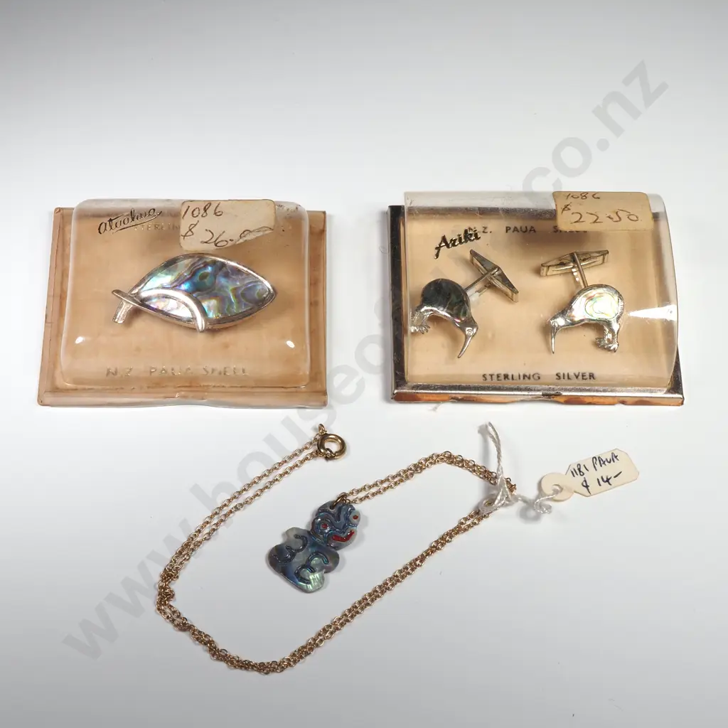 Sterling Silver & Stylised Fish Brooch, Paua Shell & Sterling Silver Cufflinks & A Small Paua Tiki w Chain               Image 1++