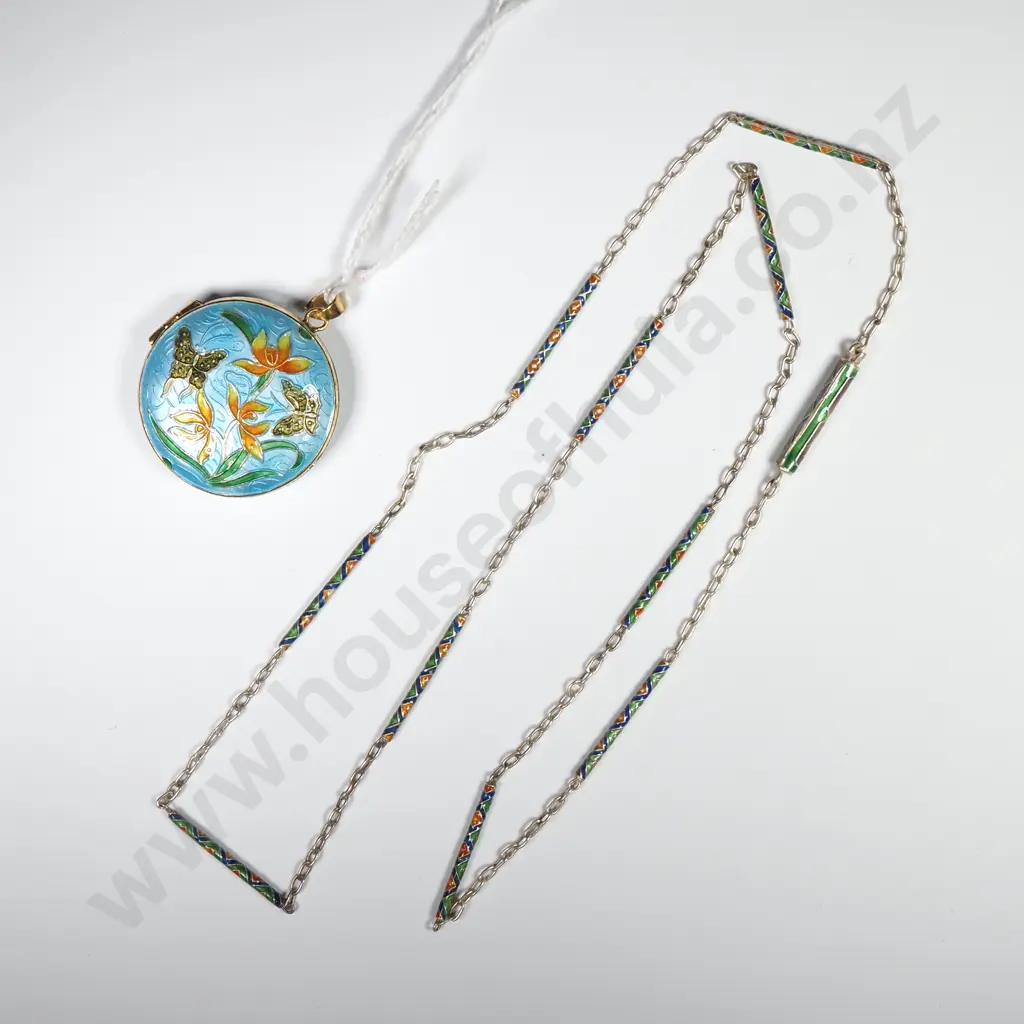 Sterling Silver Hinged Cloisonné Locket & Chain Image 1++