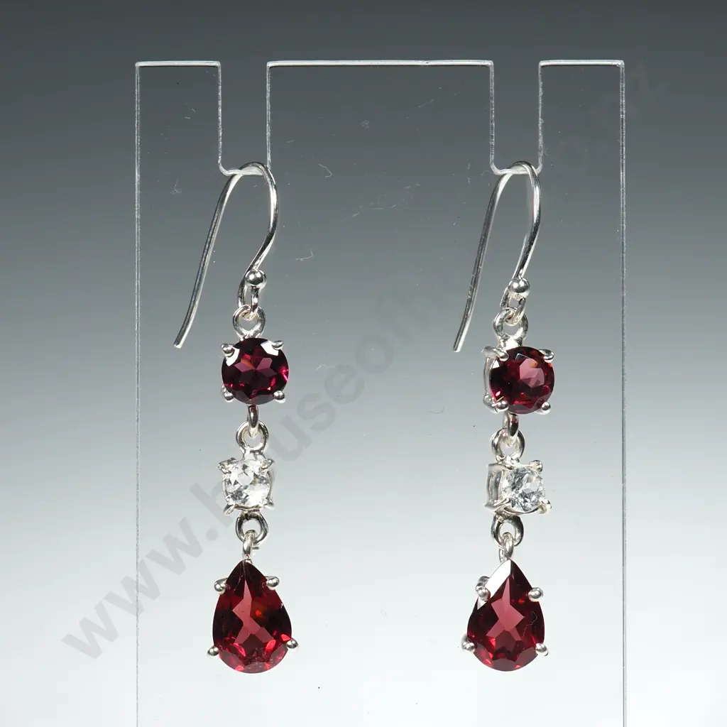 Sterling Silver Earrings w Garnets & White Topaz Image 1++