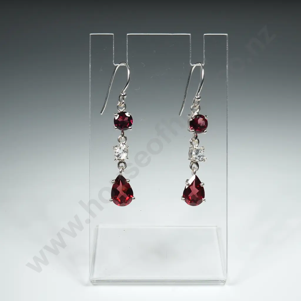 Sterling Silver Earrings w Garnets & White Topaz Image 1++