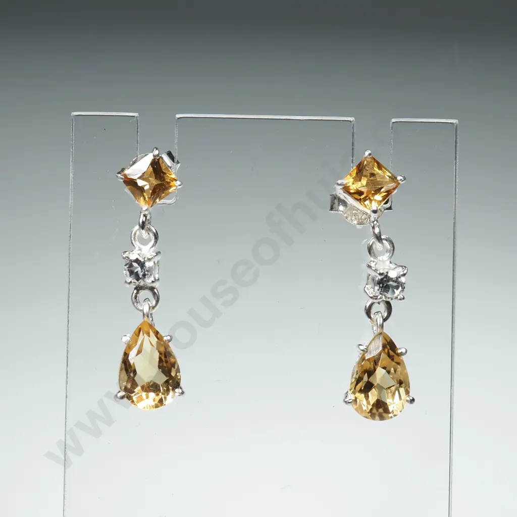 Citrine, White Topaz & Sterling Silver Earrings Image 1++